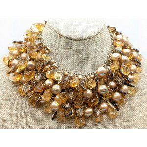 WOW Natalie Baroni Gemstone Citrine Pearl Glass Beaded Layered 14" Necklace